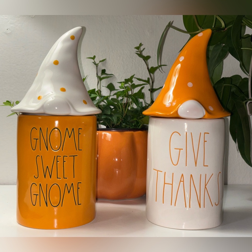 Set of 2 Rae Dunn Gnome Figural Candle Canisters.